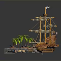 Detailed Pirate Ship Model With Island Palm Trees Water And Sand Scene