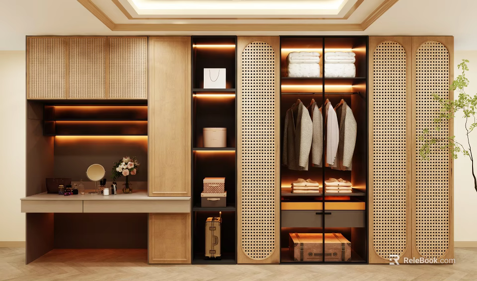 Modern Wooden Wardrobe With Lattice Doors Multiple Storage Sections And Dressing Table 3d model 