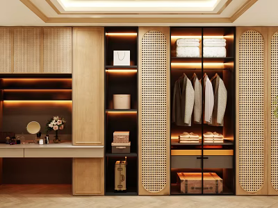 Modern Wooden Wardrobe With Lattice Doors Multiple Storage Sections And Dressing Table 3d model