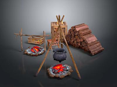 Wood and Stone Outdoor Campfire Setup With Hanging Cauldron Wood Logs And Crate 3d model
