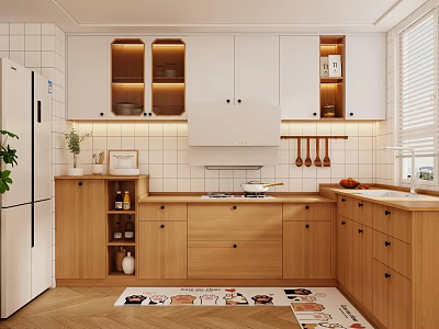 Modern Kitchen Interior With White Cabinets Wooden Elements Countertop Refrigerator Plant And Window Rug 3d model