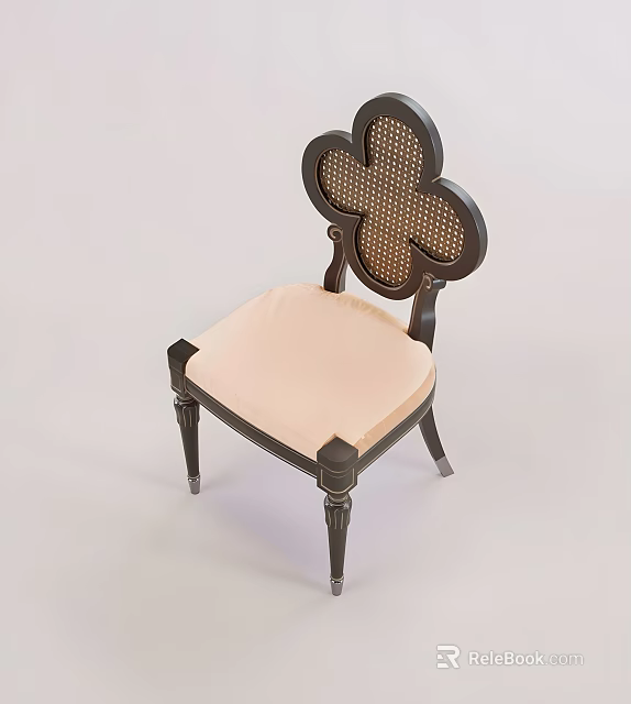 Clover Shaped Woven Backrest Leisure Chair With Carved Dark Frame And Light Soft Cushion 3d model 