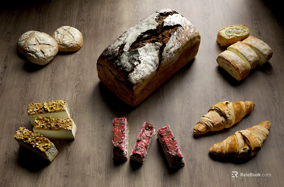 Artisan Bread Assortment With Fresh Croissants And Homemade Pastries On Wooden Table 3d model 
