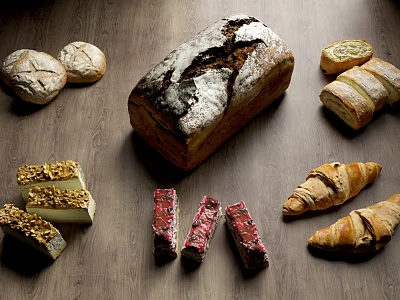 Artisan Bread Assortment With Fresh Croissants And Homemade Pastries On Wooden Table 3d model