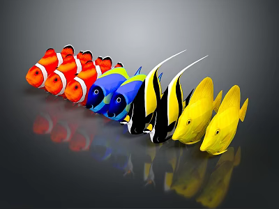 Colorful Tropical Fish Of Various Species With Vibrant Colors Arranged In A Row And Reflections 3d model