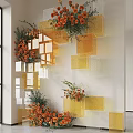 Indoor Wall Decor Featuring Yellow Transparent Cubes And Orange Flowers Arrangement Design