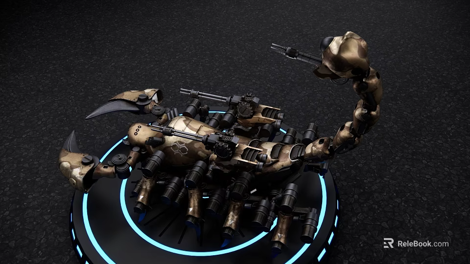 Smart Machine Mechanical Scorpion With Weapons Gold Black Design And Blue Halo Platform 3d model 