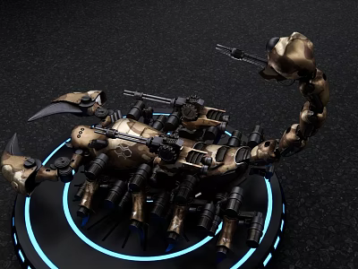 Smart Machine Mechanical Scorpion With Weapons Gold Black Design And Blue Halo Platform 3d model