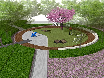 Scenic Pet Park Landscape With Pink Flowering Tree Dog Sculpture Benches And Lawn Pathway 3d model