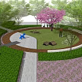 Scenic Pet Park Landscape With Pink Flowering Tree Dog Sculpture Benches And Lawn Pathway