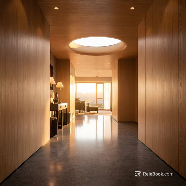 Modern Foyer Hallway Interior with Wooden Walls Round Skylight Sleek Floor and Natural Light 3d model 