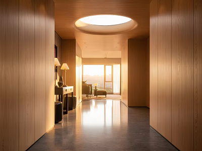 Modern Foyer Hallway Interior with Wooden Walls Round Skylight Sleek Floor and Natural Light 3d model