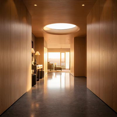 Modern Foyer Hallway Interior with Wooden Walls Round Skylight Sleek Floor and Natural Light 3d model