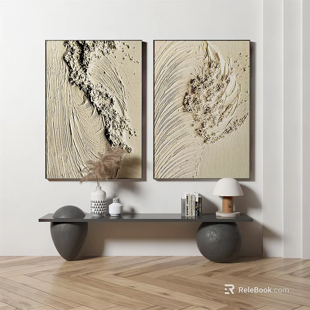 Modern Abstract Texture Paintings On Wall With Console Table And Decorations 3d model