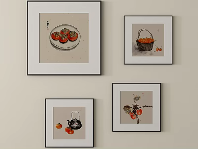 Traditional Chinese Decorative Wall Art With Four Framed Paintings Featuring Persimmon Teapot Basket And Bird 3d model