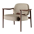 Modern Leisure Chair With Dark Wood Armrests And Light Brown Fabric Upholstery
