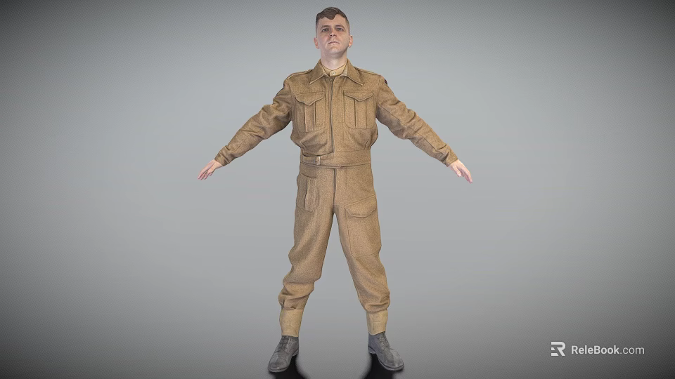 Man in Brown Jumpsuit Standing with Arms Outstretched on Gray Background 3d model 