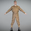 Man in Brown Jumpsuit Standing with Arms Outstretched on Gray Background