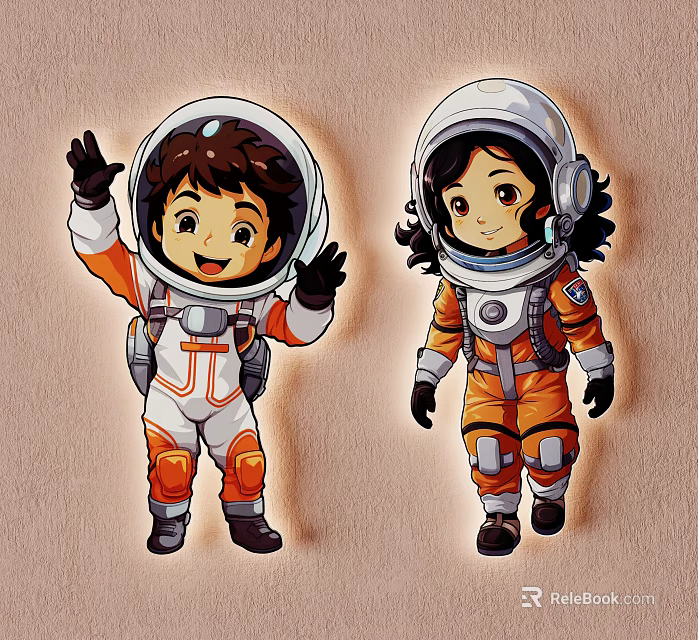 Astronaut Cartoon Pendant with Waving and Walking Poses Orange White Spacesuit Light Colored Wall Decor 3d model 
