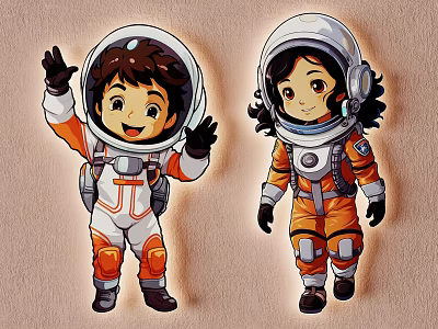 Astronaut Cartoon Pendant with Waving and Walking Poses Orange White Spacesuit Light Colored Wall Decor 3d model