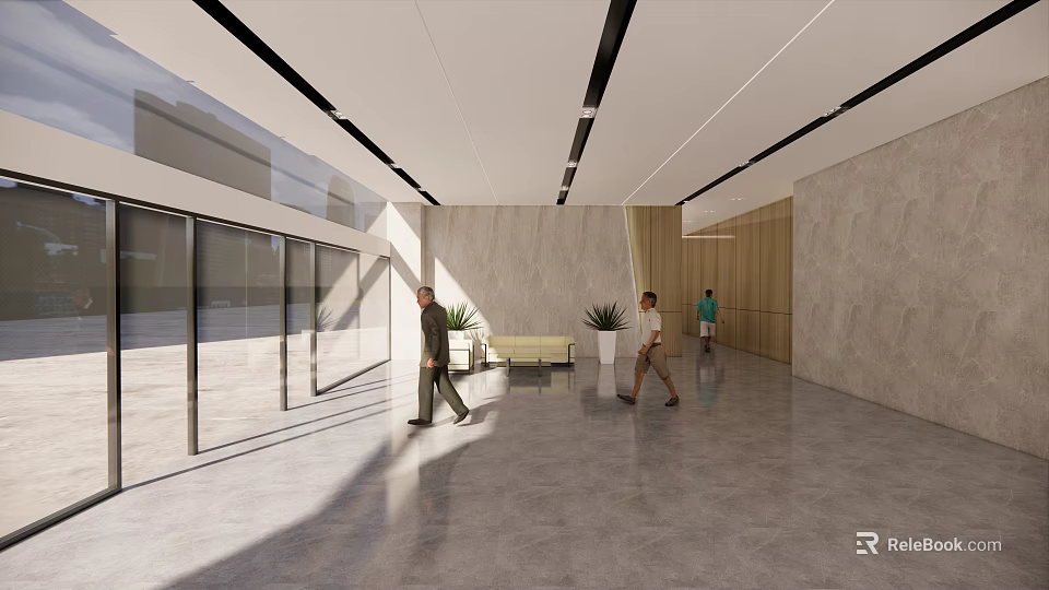 Modern Front Desk Reception Area With Marble Walls Wooden Panels And Green Plants 3d model 
