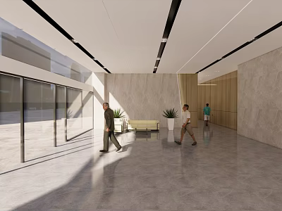 Modern Front Desk Reception Area With Marble Walls Wooden Panels And Green Plants 3d model