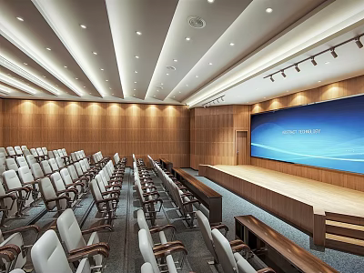 Modern Conference Room Interior With Rows Of Chairs Large Screen And Wooden Panel Walls 3d model