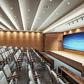 Modern Conference Room Interior With Rows Of Chairs Large Screen And Wooden Panel Walls