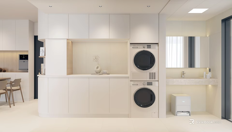 Modern Foyer Hallway Design With White Cabinets And Washer Dryer 3d model 