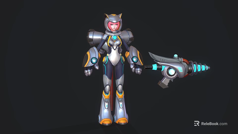 Futuristic Game Movie Character With Pink Hair And Mechanical Armor Holding Blue Energy Weapon 3d model 