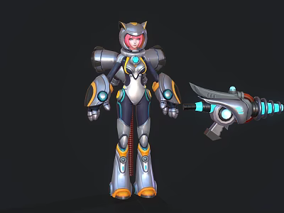 Futuristic Game Movie Character With Pink Hair And Mechanical Armor Holding Blue Energy Weapon 3d model