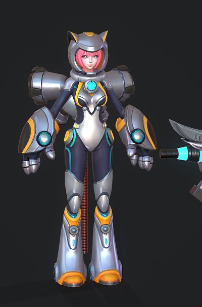 Futuristic Game Movie Character With Pink Hair And Mechanical Armor Holding Blue Energy Weapon 3d model