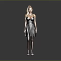 Blonde Woman Wearing Gray Dress Necklace Stockings And White Shoes Against Gray Background