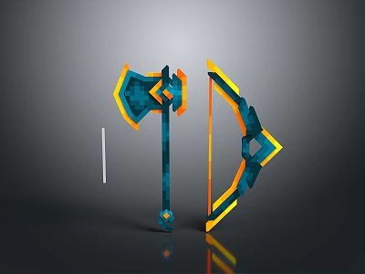 Stylish Modern Battle Weapons Axe And Bow With Blue Orange Accents And Reflective Surface Design 3d model