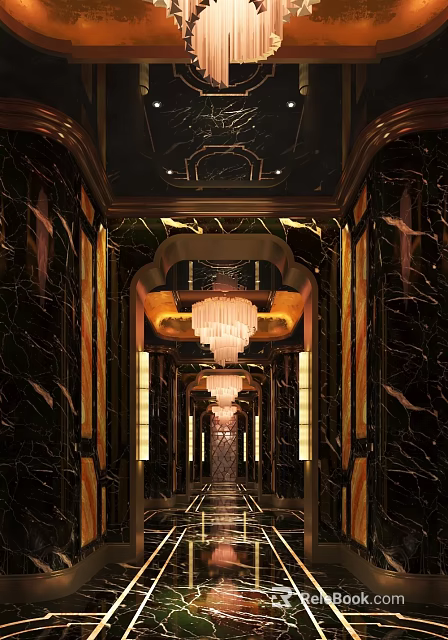 Luxury Elevator Hallway Design With Marble Walls Golden Accents And Chandeliers 3d model 
