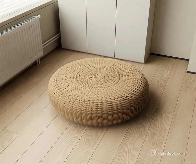 Round Light Brown Woven Stool With Distinct Texture On Light Wooden Floor By Window 3d model
