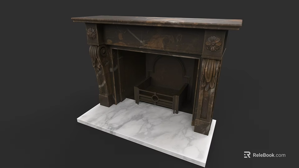 Vintage Fireplace With Ornate Carved Details And White Marble Base 3d model 