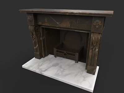 Vintage Fireplace With Ornate Carved Details And White Marble Base 3d model