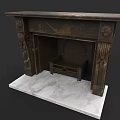 Vintage Fireplace With Ornate Carved Details And White Marble Base