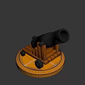 Vintage Black Cannon with Wooden Carriage and Wheels on Yellow Tiled Base