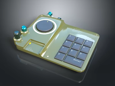 Digital Control Panel with Golden Body Blue Knobs Circular Display and Matrix Keypad Interface 3d model