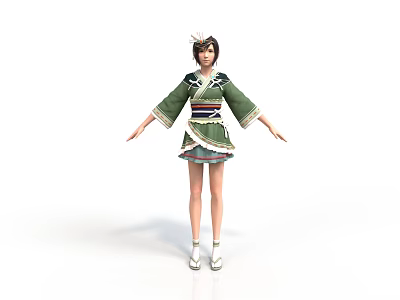 Traditional Green Kimono Outfit On Female Character With Decorative Sash And Hairstyle 3d model