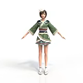 Traditional Green Kimono Outfit On Female Character With Decorative Sash And Hairstyle
