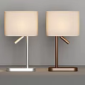 Modern Table Lamps with Silver and Brown Metal Bases and Beige Cylindrical Shades