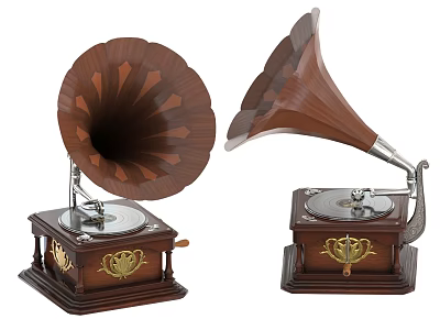 Vintage Classic Wooden Phonographs Musical Instruments With Intricate Horn Patterns And Decorative Bases 3d model