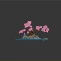 Cartoon Scene With Pink Cherry Blossom Tree On Small Island In Blue Water