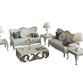 Ornate Classic Sofa Coffee Table Set with Light Upholstery Decorative Pillows Side Tables and Lamps