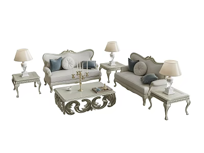 Ornate Classic Sofa Coffee Table Set with Light Upholstery Decorative Pillows Side Tables and Lamps 3d model