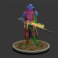 Elegant Detailed 3D Armored Character With Silver Hat And Sword On Circular Sand Base