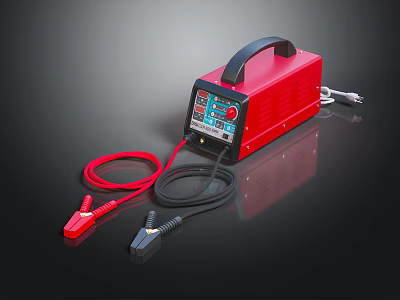 Red Car Battery Charger With Digital Display Black Handle And Cables With Clamps 3d model